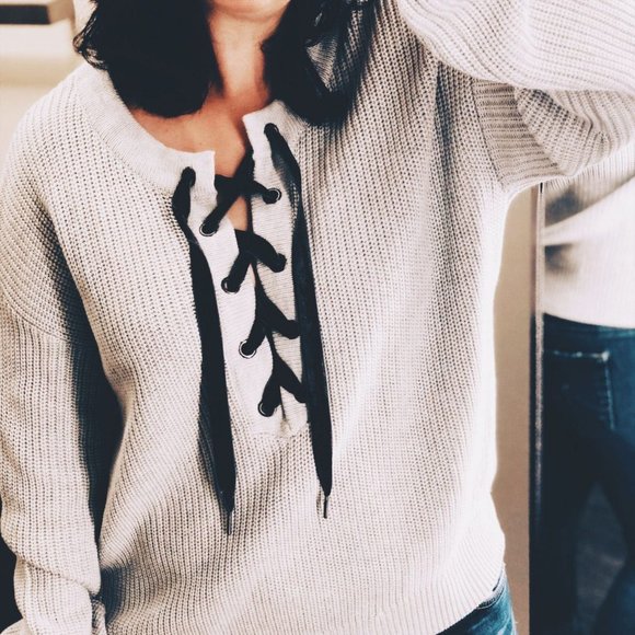 Rails Sweaters - RAILS Olivia Lace Up Ribbed Chunky Sweater Gray S2
